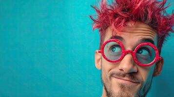 Quirky man with pink hair and red sunglasses making a funny face on turquoise background photo