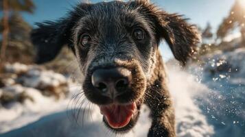 Playful black retriever puppy running in snowy landscape photo