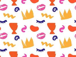 Playful abstract seamless pattern with crowns, lips, goblets, swirls, and scribbles in bold, vibrant colors. Ideal for kids products, apparel, posters, and branding. vector