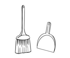 Simple black and white line illustration of a cleaning broom and dustpan. Perfect for cleaning guides, spring cleaning visuals, icons, and household chore graphics. vector