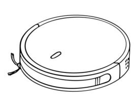 Line art of a robotic vacuum cleaner in black and white, ideal for educational materials, instruction manuals, coloring pages, product icons, and smart tech visuals. vector