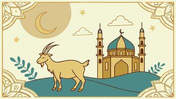 Islamic eid al adha card with goat and mosque vector