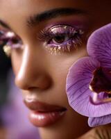 Model showing purple makeup and golden eyelashes with orchid flower photo