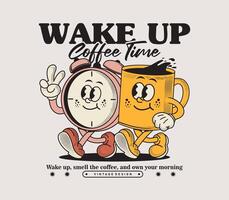 Funny cartoon retro alarm clock and coffee mug character in colorful hand drawn style vector