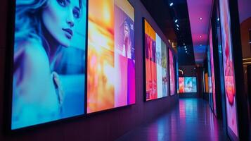 Vibrant corridor adorned with colorful digital displays in a modern urban setting at night photo
