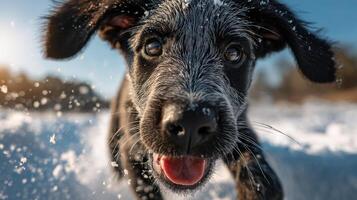 Adorable black puppy running and playing in winter wonderland photo
