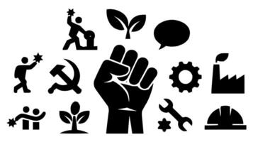 a black and white image of a fist with various symbols vector