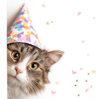 Cute cat wearing party hat peeking from behind white background photo
