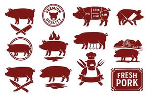 set of pig icons and labels vector