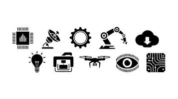 a set of black and white icons that include a robot, a camera, a computer, and vector