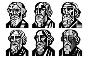 Geometric Rabindranath Tagore Portrait Illustrations in Abstract Art Style vector