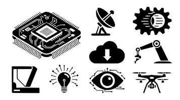 a set of black and white icons depicting various types of technology artwork vector