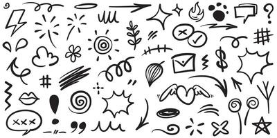Collection of hand drawn cartoon expression marks doodles, curved arrow signs, emoticon effect design elements, cartoon characters, cute decorative brush stroke lines. object illustration vector