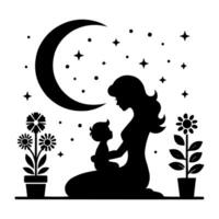 silhouette of a mother and child sitting on a bed with a moon in the background vector