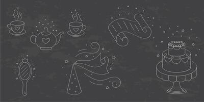 Magic elements and wands chalk doodle set. Fairytale element in sketch style. Hand drawn illustration isolated on white background vector