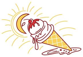 Melting Ice Cream Cone with Sun Rays Bold Summer Line Art Design.eps vector