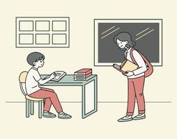 The teacher is sitting on the table, giving advice to the student. The student is sitting on a chair on one side,2.eps vector