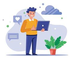 A working professional is standing with a laptop in hand. The laptop is open, and he is giving a like with one hand. 2.eps vector
