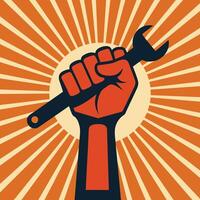 A sturdy hand gripping a tool, with rays of light shining behind, symbolizing the strength and dignity of labor.eps vector
