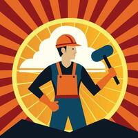 A worker holding a hammer or shovel, with the rising sun in the background, symbolizing hard work and new hope.eps vector