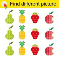 Fun puzzle game for children. Find the odd one in the group. illustration of cartoon pear, pineapple, strawberry, apple. vector