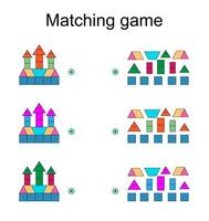 Matching game for kids. Find the correct color of cartoon fortress and match. vector