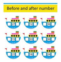 What comes Before and After. Math worksheets for kids. Number range up to 40. vector