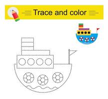 Trace and color for children. Preschool worksheet for practicing fine motor skills. Cartoon ship. vector