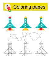 Educational game for kids. Go through the maze and color a cartoon rocket according to the pattern. vector