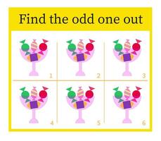Puzzle game for children. Task for development of attention and logic. Cartoon candy bowl. vector