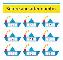 What comes Before and After. Math worksheets for kids. Number range up to 15. illustration of cartoon paper boat. vector