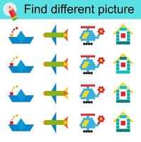Logic game. Find different picture. illustration of the boat, house, helicopter, plane vector