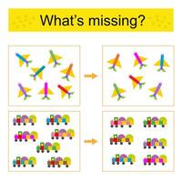 Puzzle game for kids. Task for the development of attention and logic. Find the missing train and airplane. vector