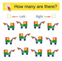 Math activity for kids. Developing numeracy skills. Cartoon excavator. vector