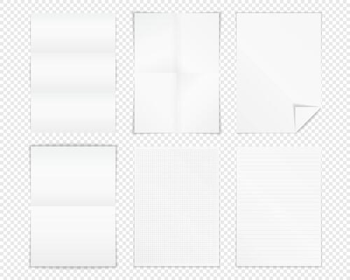 Different A4 format paper - folded paper, paper with curl, paper with lines and squares