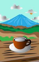 A cup of coffee with a natural view of the mountains and the sun covered by clouds vector