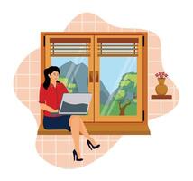 Working at home concept. Women working on laptop beside window with scenic mountain view. vector