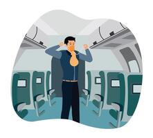 Demonstration for passengers.Flight attendant wears oxygen mask in air plane during safety instruction. vector