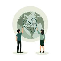 Trying to save planet earth. Two Individuals Drawing a Heart on a Globe Representing Environmental Care. vector