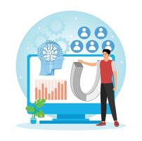AI-Enhanced Automated Customer Engagement. Man with computer. vector