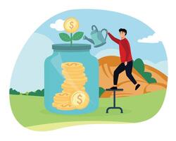 Financial growth concepts. Depicting a man nurturing a money plant symbolizing investment and savings. The focus is on smart asset management displayed creatively in a scenic environment. Flat modern illustration vector