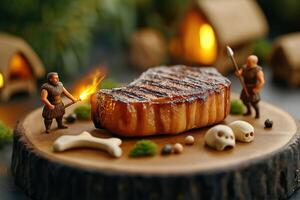 Miniature characters of primitive men in process of cooking meat in nature background photo