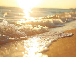 Sunlight illuminates shore as gentle waves break on sandy beach, with copy space photo