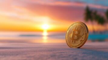 Physical gold bitcoin stands on sandy beach as sun sets over tranquil ocean, copy space photo