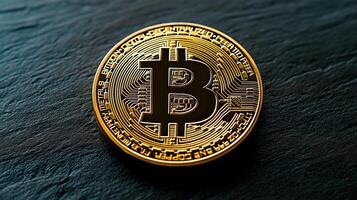 Gleaming golden bitcoin sits on dark, textured surface photo