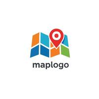 Modern map logo design featuring a colorful folded map graphic and a red location pin marker icon. vector