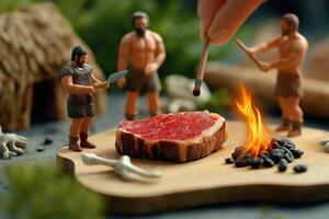 Scene with primitive men miniature characters in process of cooking meat in nature photo