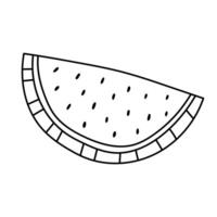 Lovely black and white watermelon slice with seeds and rind in childish style. Large piece of fruit from tropics and summertime isolated . Cute juicy watermelon doodle for poster, design, print vector