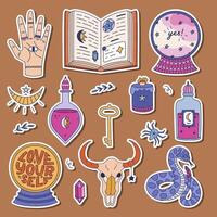 Lovely Halloween magic sticker set for planners, notebooks, scrapbook. Ready for print list of cute coloured doodle of palm with all seeing eye, crystal ball, cow skull, snake, potion with moonlight. vector