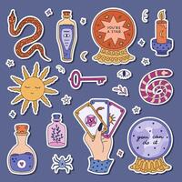 Lovely doodle magical and fortuneteller sticker set with witchcraft symbols for planners, notebooks, diary. Ready for print list of coloured stickers of snake, forecast in crystal ball, tarot Sun. vector